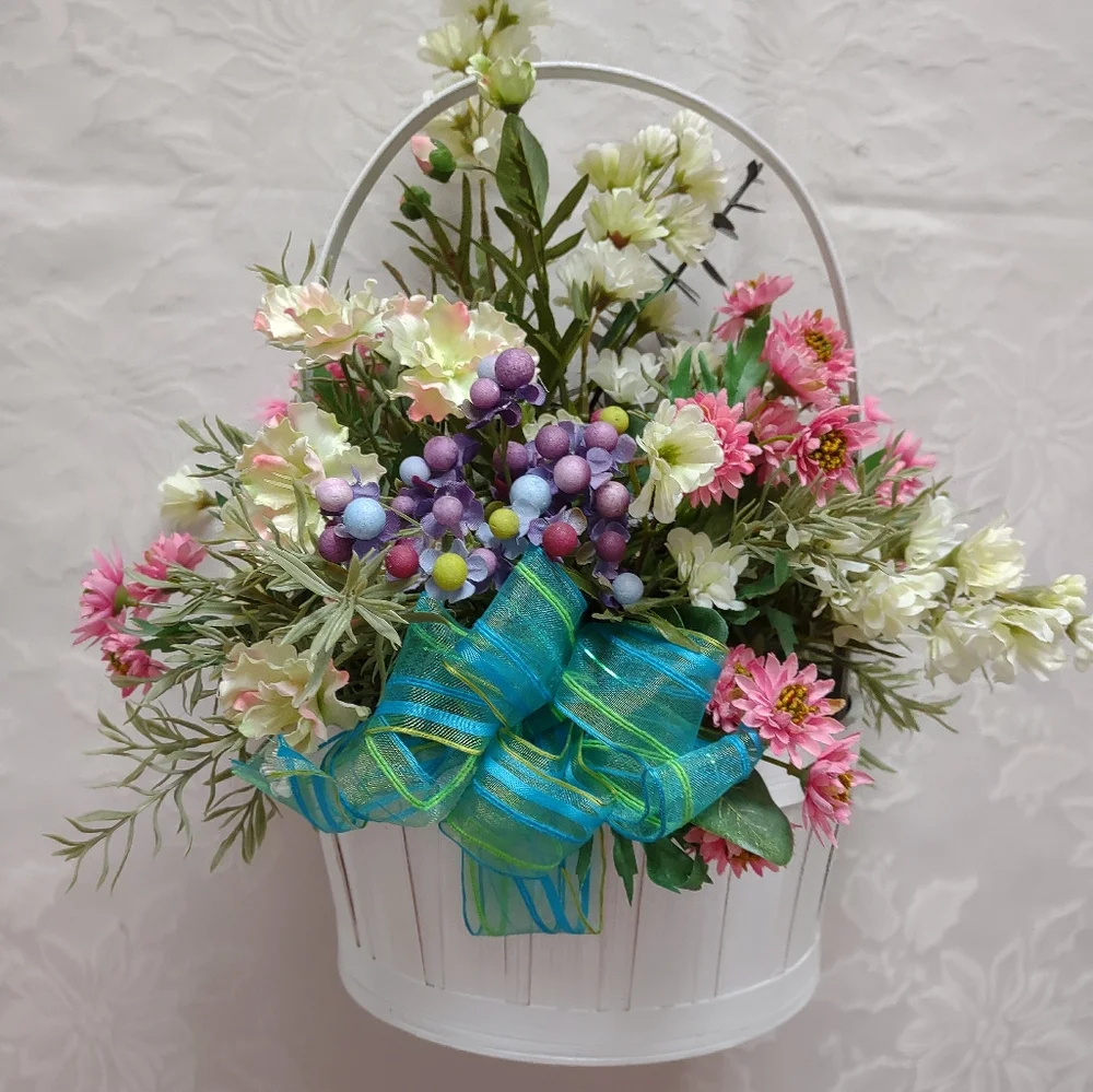Multi color flowers white Basket with Blue Ribbon